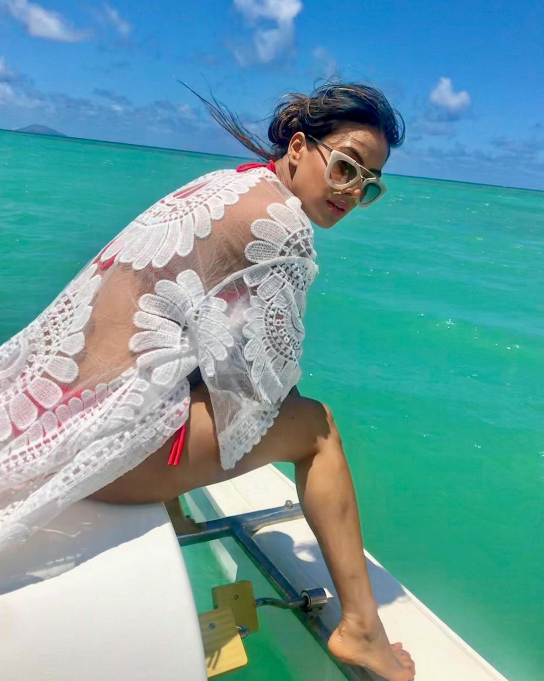 nia sharma swimsuite white